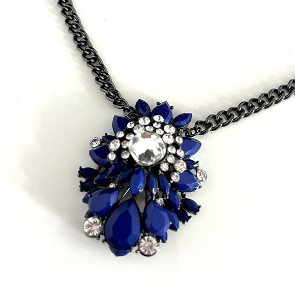 New Designer Statement Necklace Hematite Tone Blue Stones Crystal Accents 4A - Picture 4 of 5